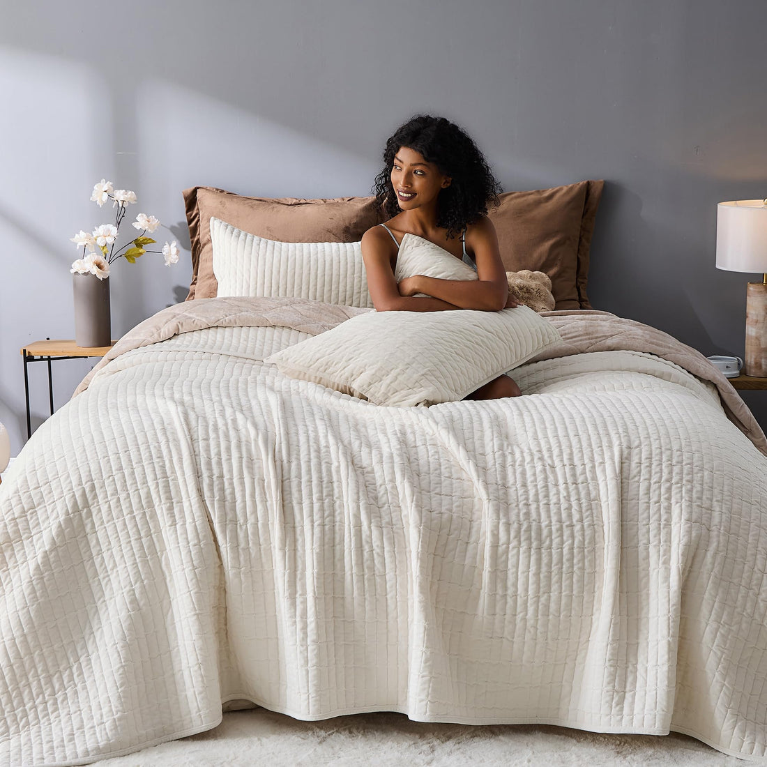 Velvet Striped Quilt – Queen Green