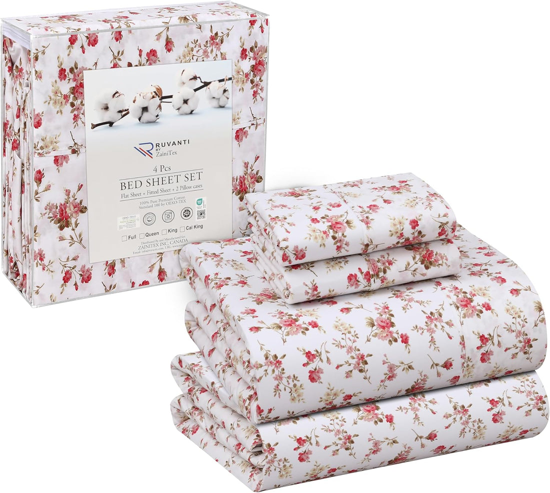RUVANTI Split King Cotton Sheet Set – Floral, 5PC