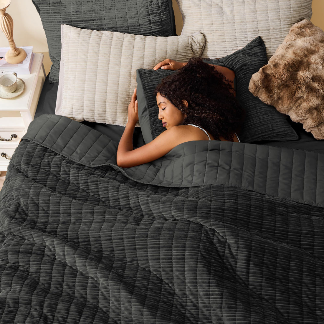 Velvet Striped Quilt – Queen Green