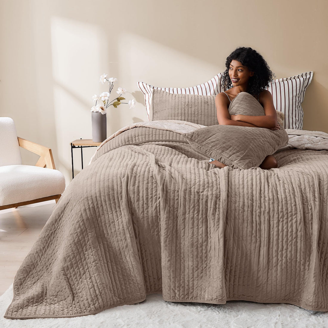 Velvet Striped Quilt – Queen Green