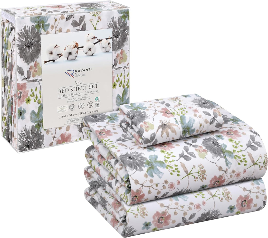 RUVANTI Split King Cotton Sheet Set – Floral, 5PC