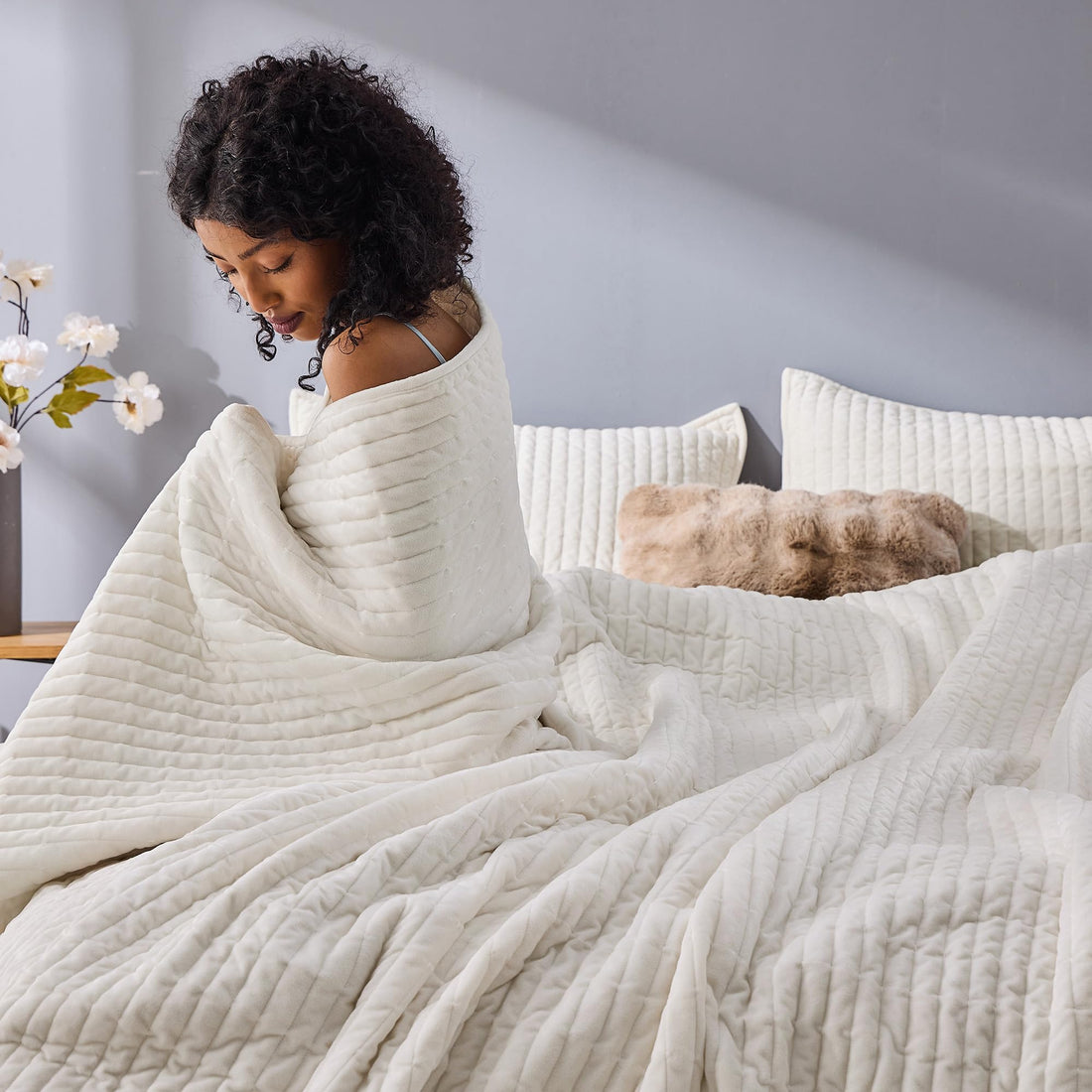 Velvet Striped Quilt – Queen Green