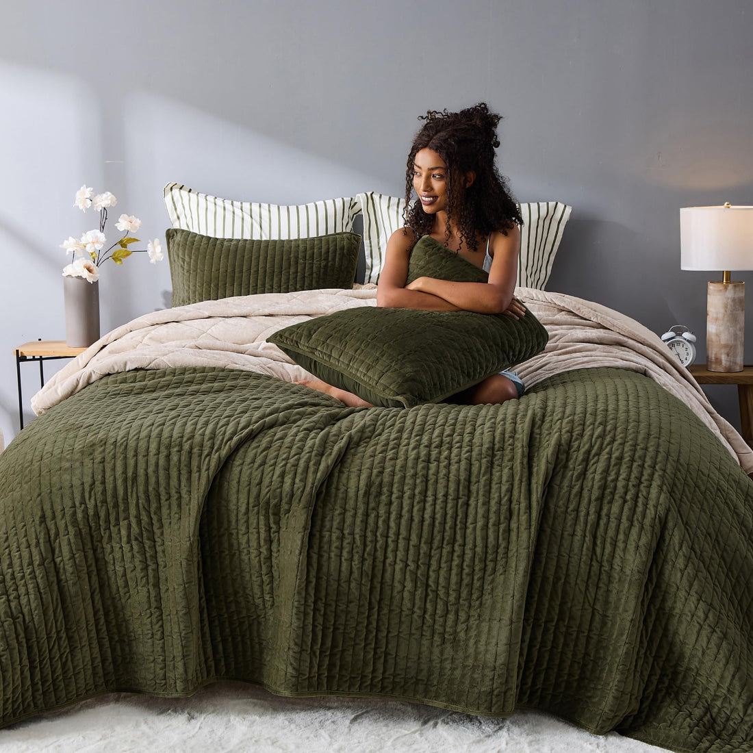 Velvet Striped Quilt – Queen Green