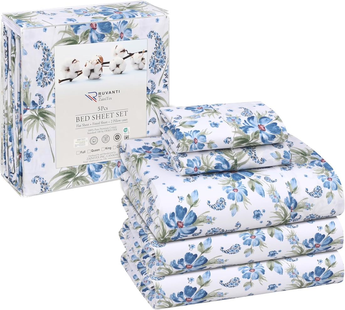 RUVANTI Split King Cotton Sheet Set – Floral, 5PC