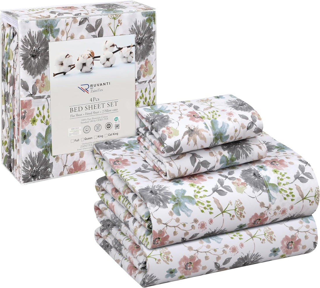 RUVANTI Split King Cotton Sheet Set – Floral, 5PC