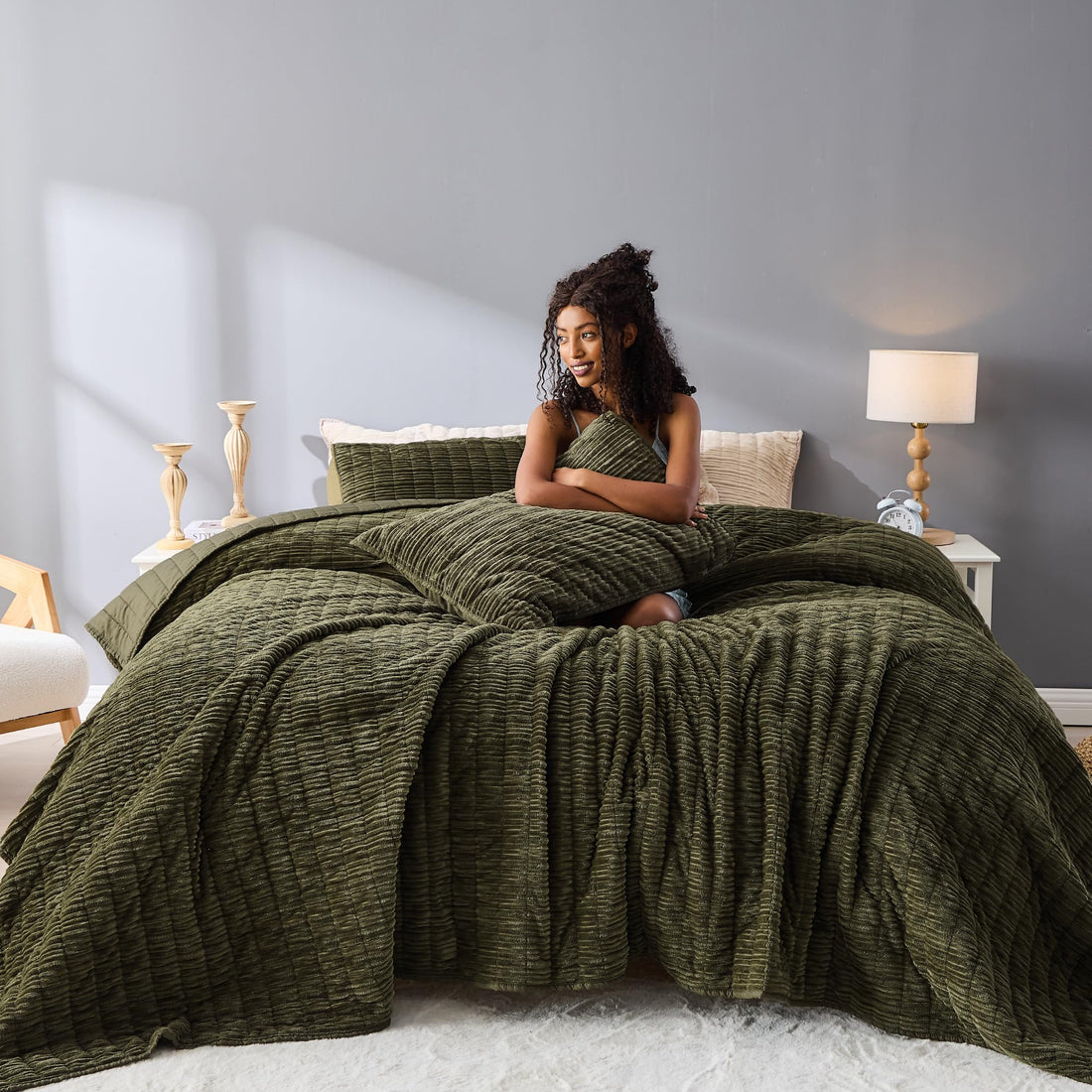 Velvet Striped Quilt – Queen Green