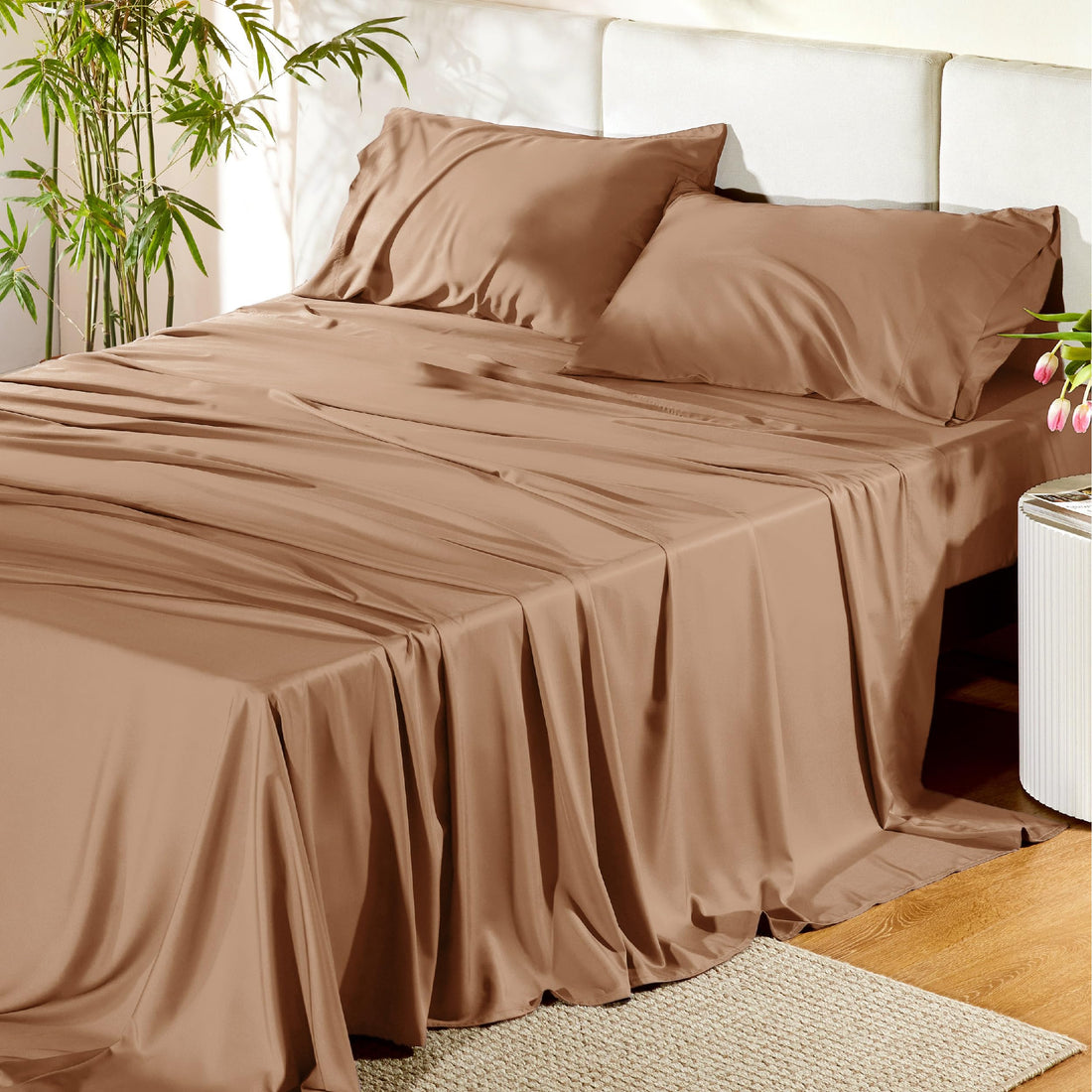 Bedsure King Cooling Bamboo Sheets – Light Beige