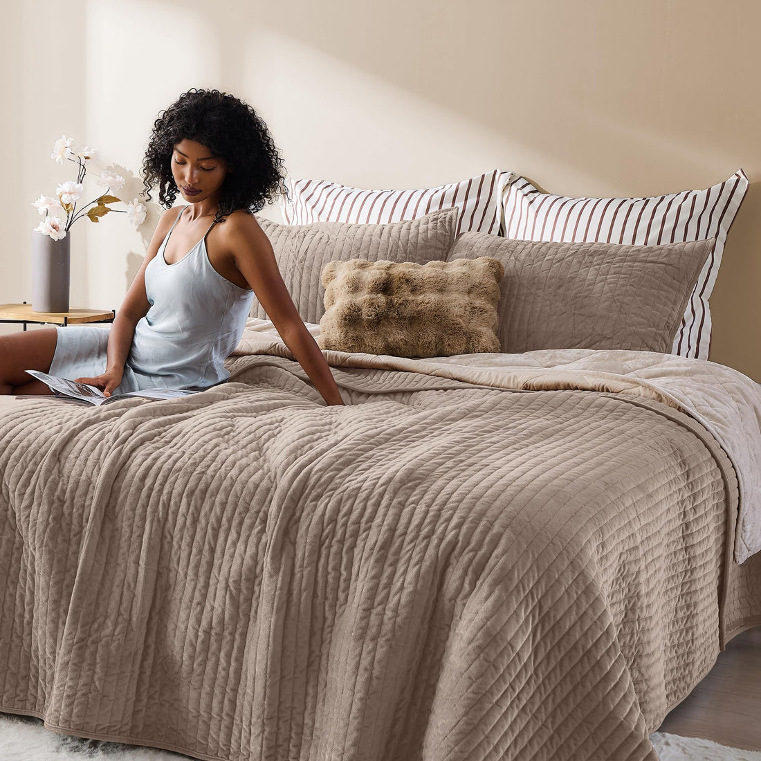 Velvet Striped Quilt – Queen Green