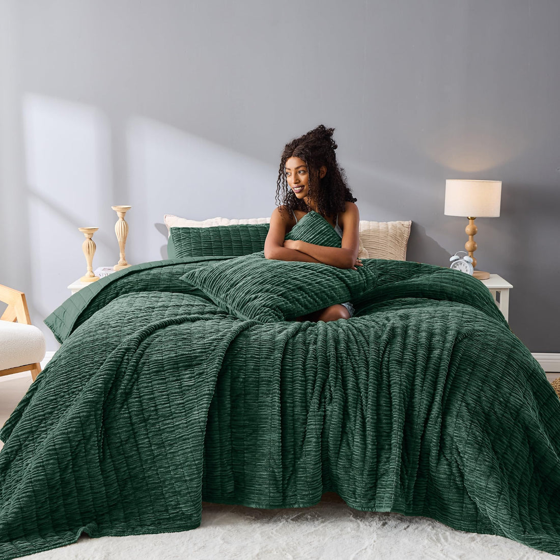 Velvet Striped Quilt – Queen Green