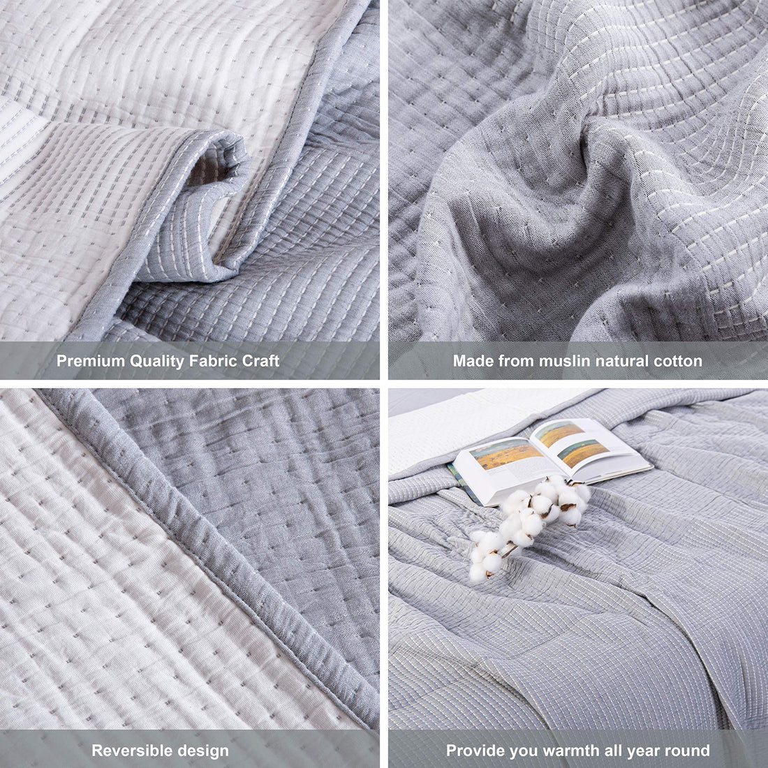 NTBAY Cotton Muslin Quilt – Queen Gray